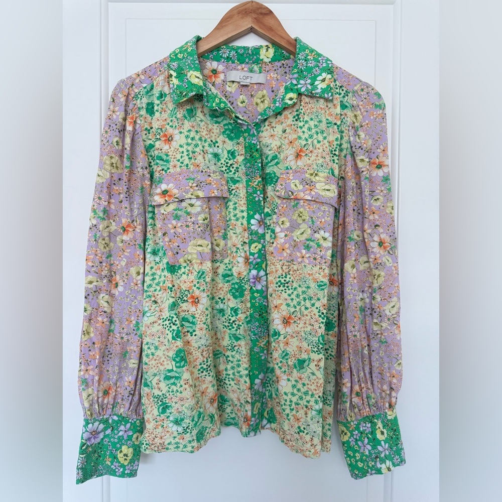 Loft Floral Patchwork Utility Shirt Cottagecore G… - image 7